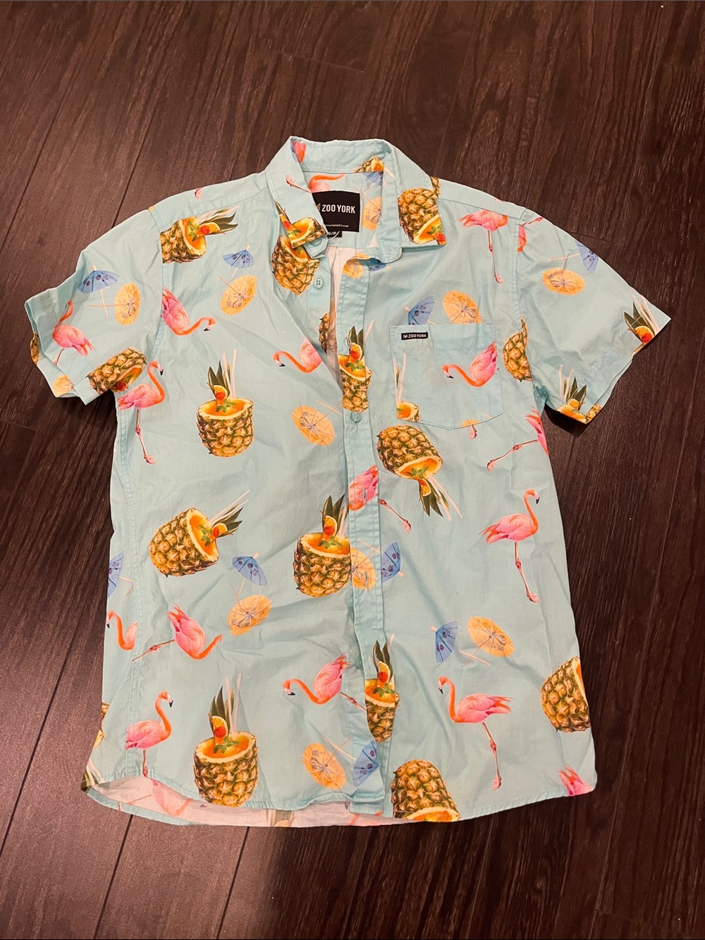 Zoo York Men’s Tropical Pineapple & Flamingo Button-Up Shirt - Light Blue